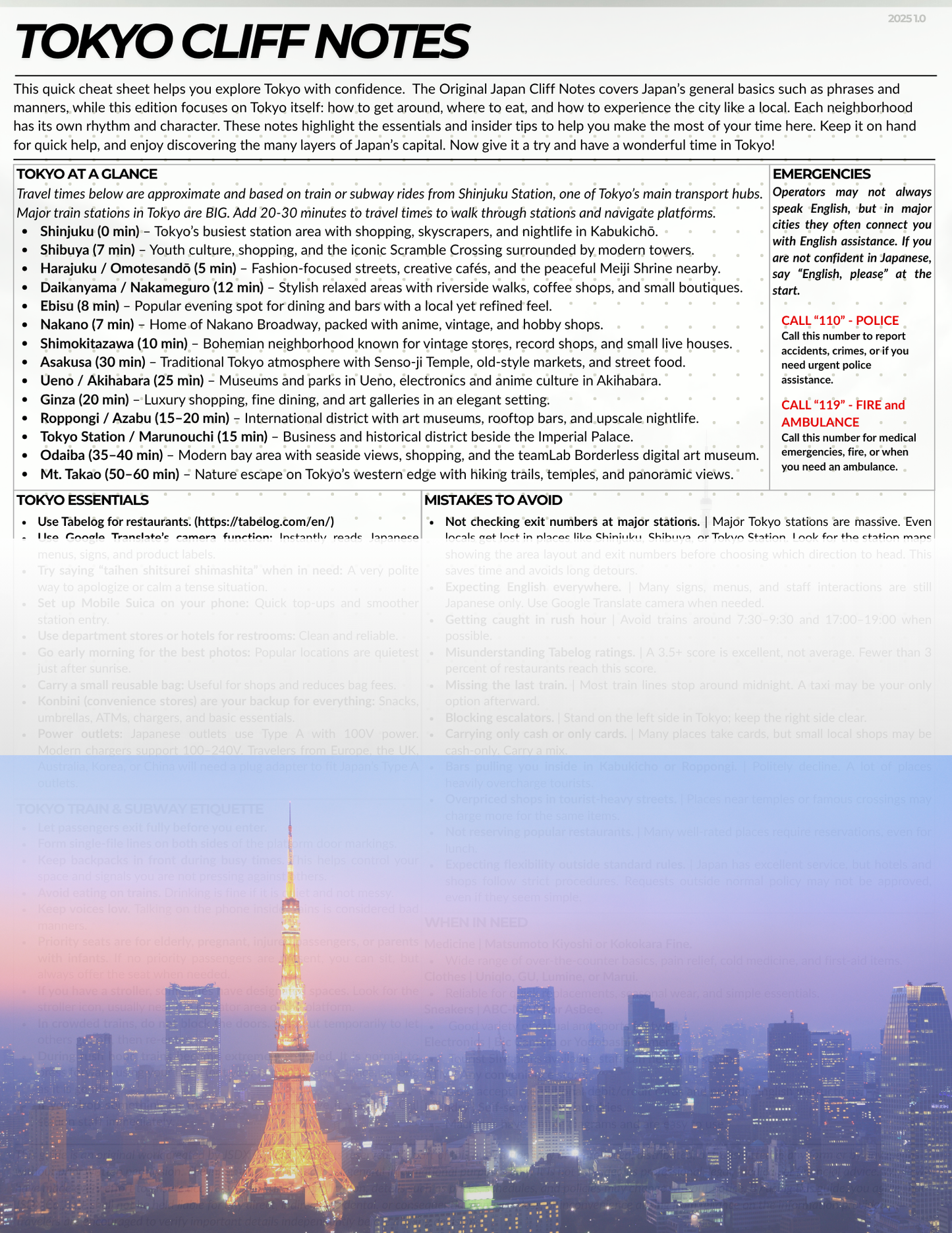 Tokyo Cliff Notes 1.0